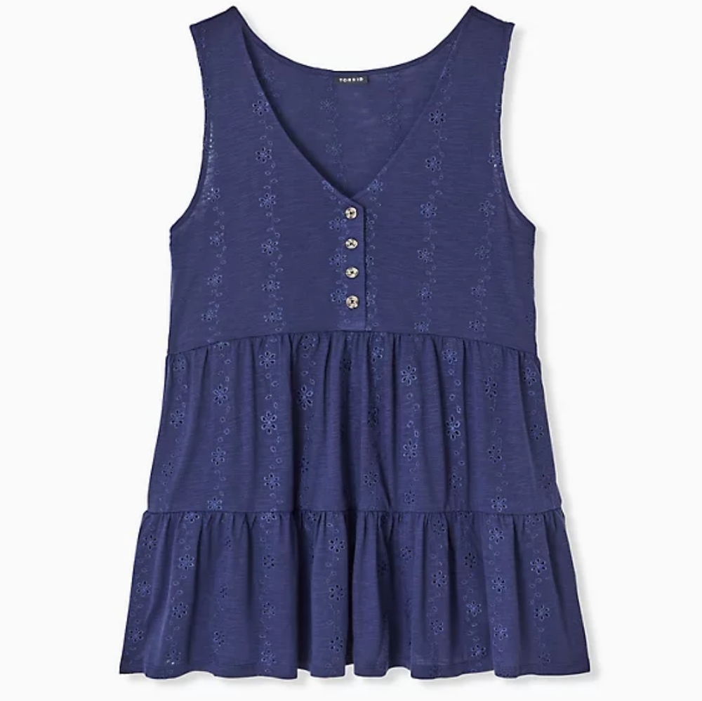 NAVY EYELET SHIRRED HEM BABYDOLL TANK